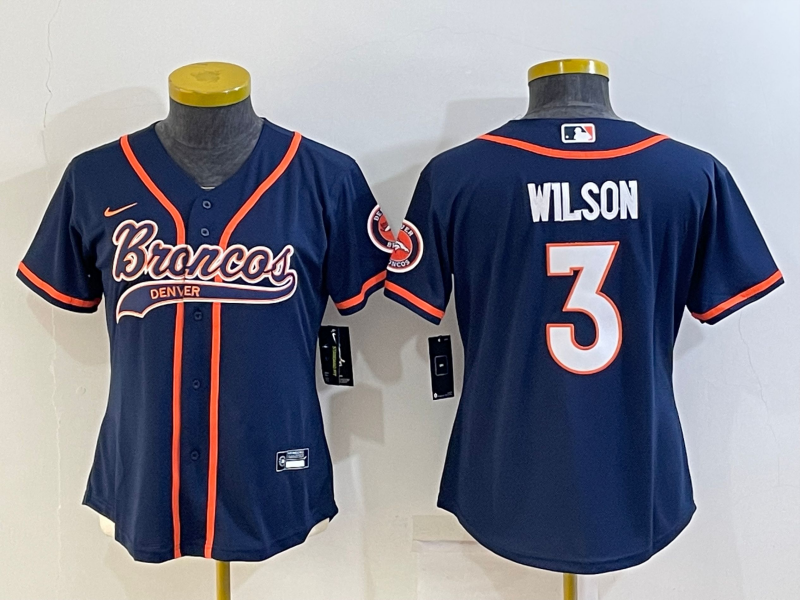 Women's Denver Broncos #3 Russell Wilson Navy With Patch Cool Base Stitched Baseball Jersey(Run Small)
